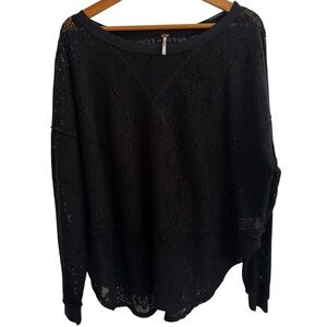 Free People Black Lace Laser Cut Sweater Top Oversize Drop Shoulder Medium